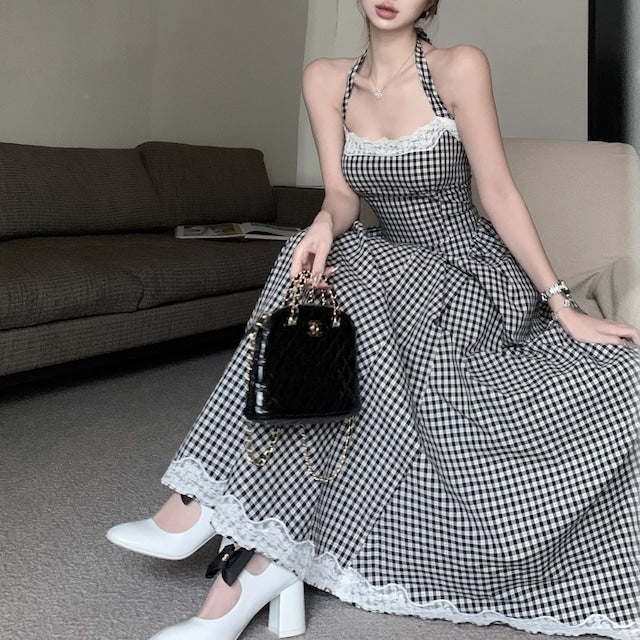 【dress】レース切り替えバックリボンチェック柄ワンピースF7789