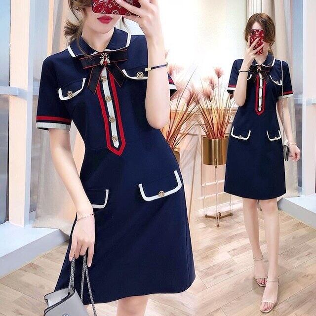 【dress】美感いっぱい2色POLOネック半袖配色韓国ファッションOL通勤ワンピースF2686