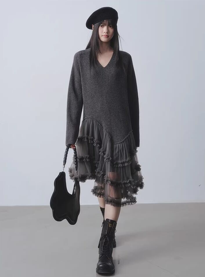 【dress】チュールドッキングウールワンピース Q7963