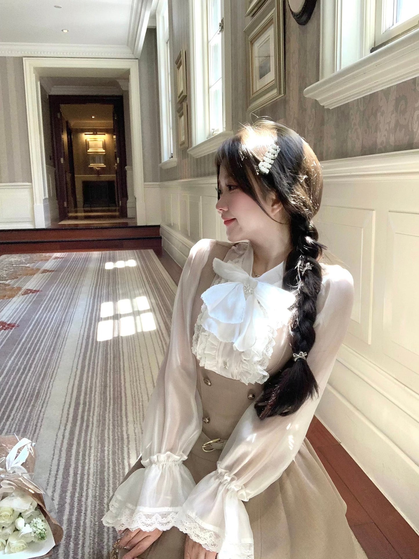 【set】フリルブラウス×サロペットスカートセット     N3295