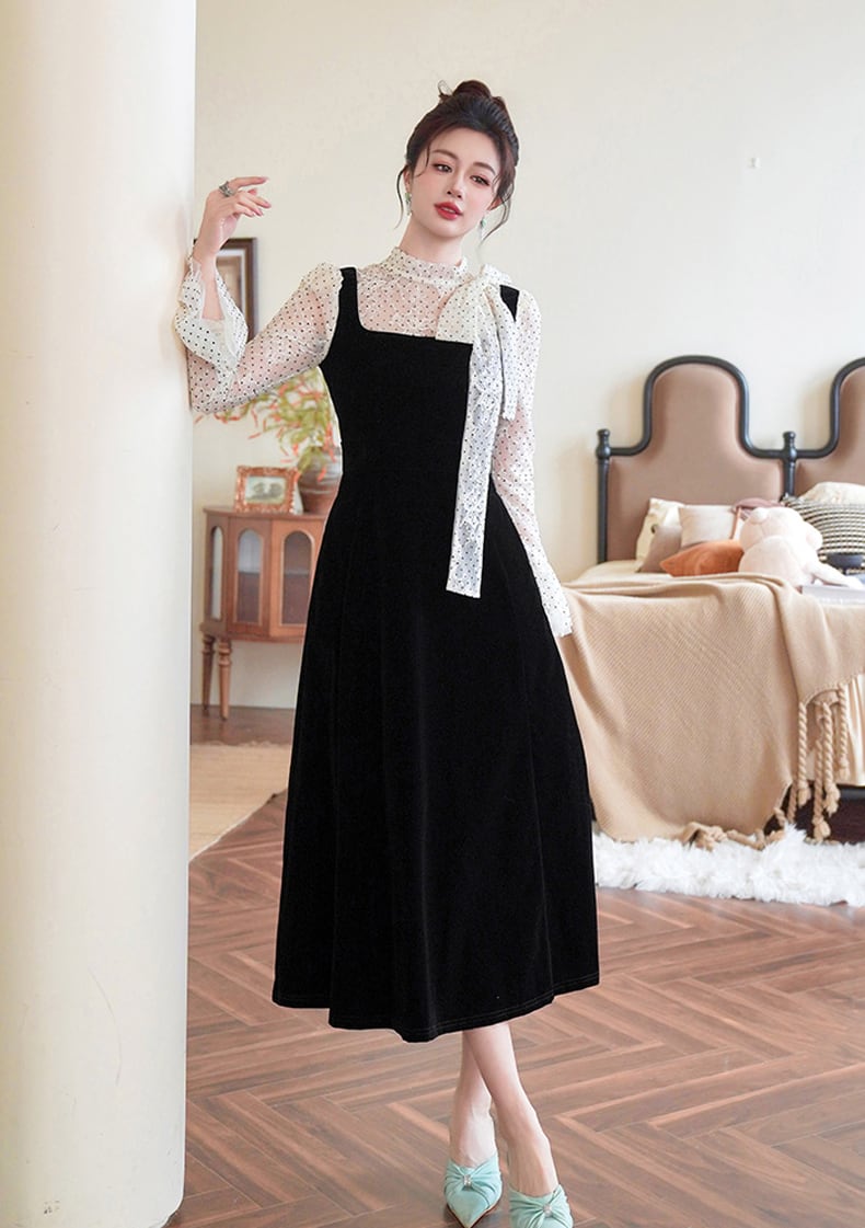 【dress】ドット柄チュールドッキングベルベットワンピース Q7365