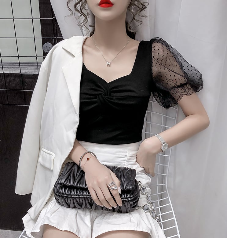 【tops】韓国風INS風スクエアネックメッシュ半袖着やせ無地TシャツF2235