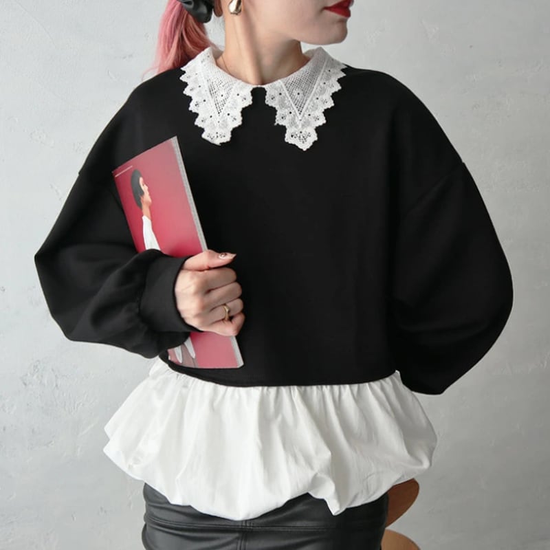 【tops】レースドッキングペプラムブラウス Q7074