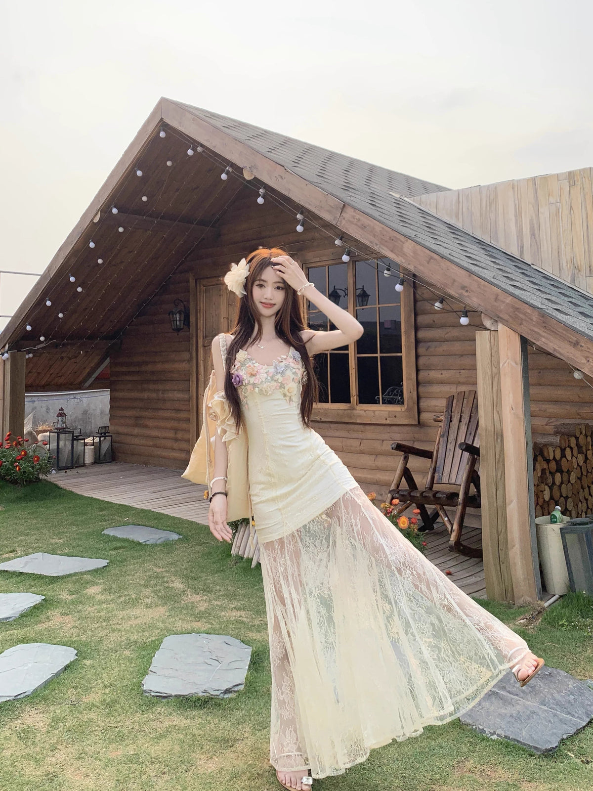 【dress】フラワー付きチュールドッキングロングキャミワンピース Q8259