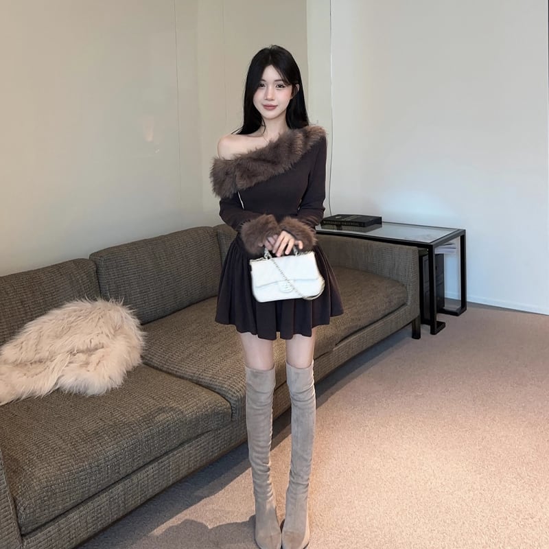 【dress】ファー付きフレアワンピース Q7564