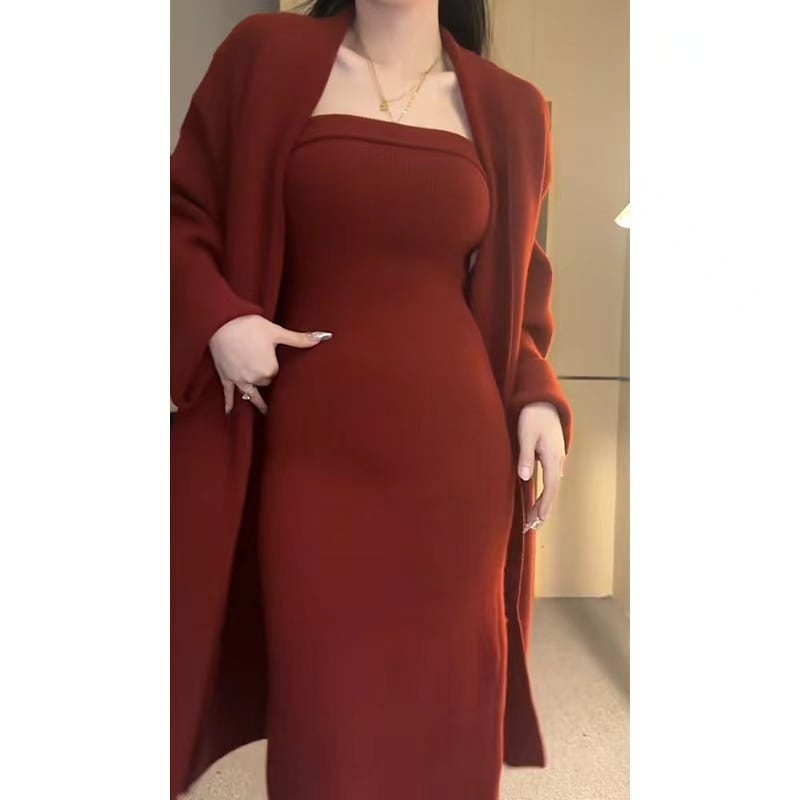 【set】ロング丈カーディガン×ベアトップワンピースセット　N2799