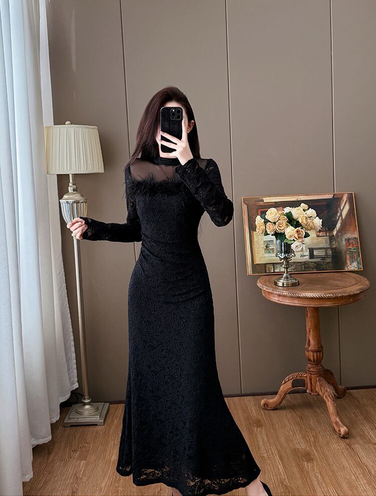 【dress】ファー付きレースワンピース Q7498