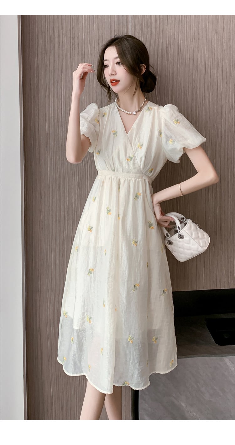 【dress】Vネック花柄パフスリーブワンピース G21582