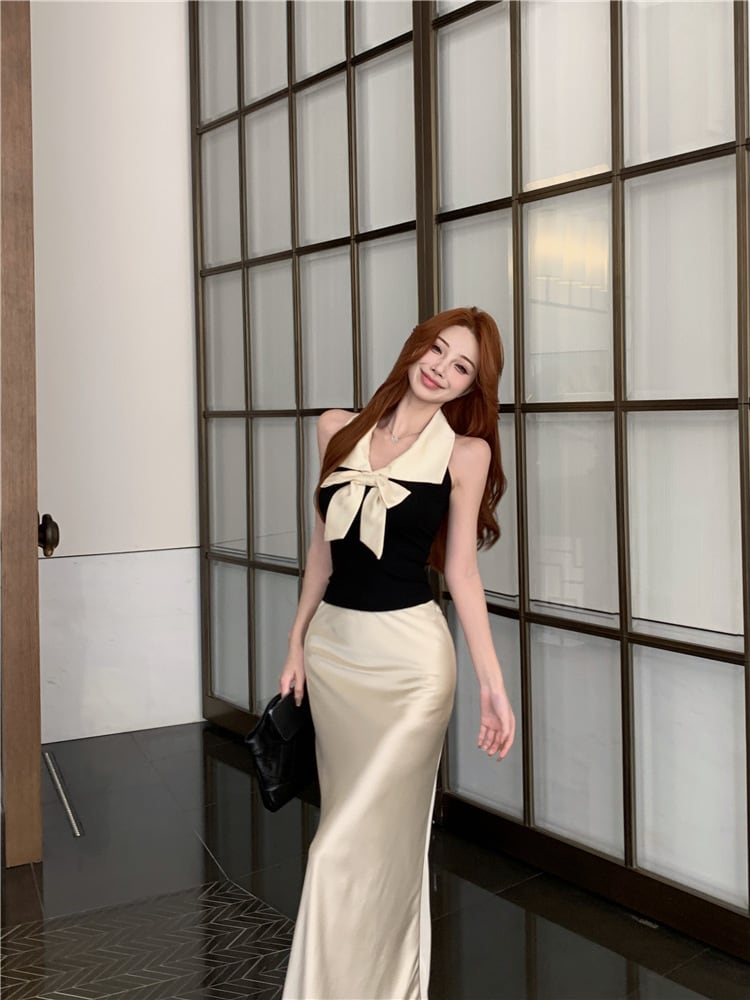 【set】リボン付きトップス×ロング丈スカートセット　M24316
