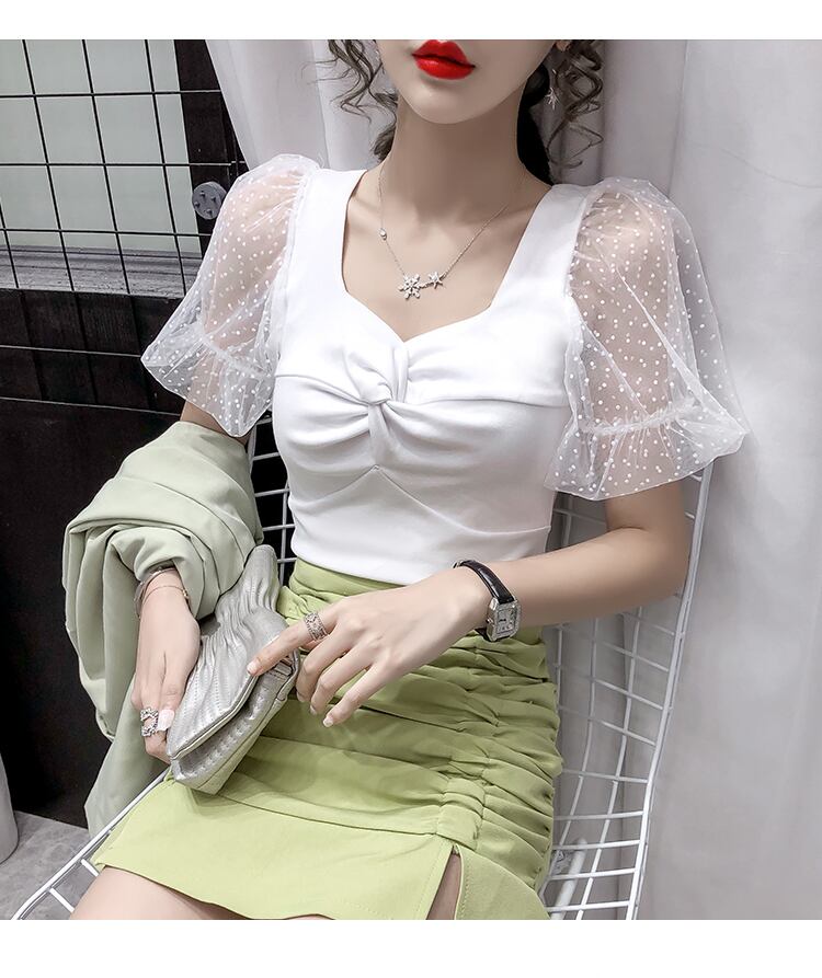 【tops】韓国風INS風スクエアネックメッシュ半袖着やせ無地TシャツF2235