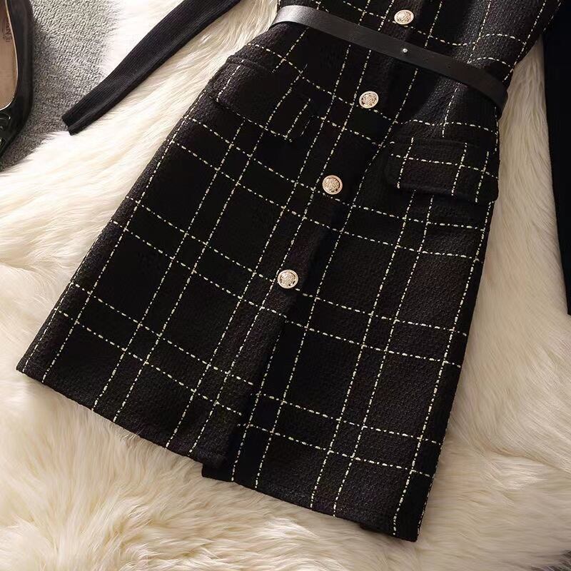 【set】一目惚れ！2点セット無地セーター+Vネックウェスト絞りチェック柄キャミワンピース通勤日常セットアップF1405