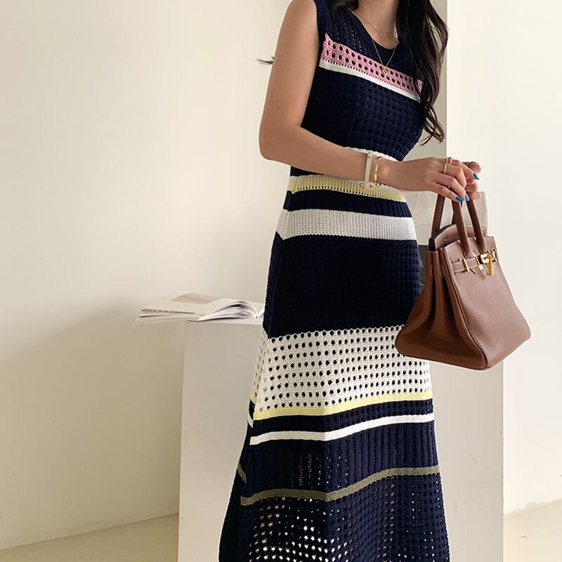 【dress】流行アイテム！3色ラウンドネック配色透かし彫り薄手ニットワンピースインナー付きF0046