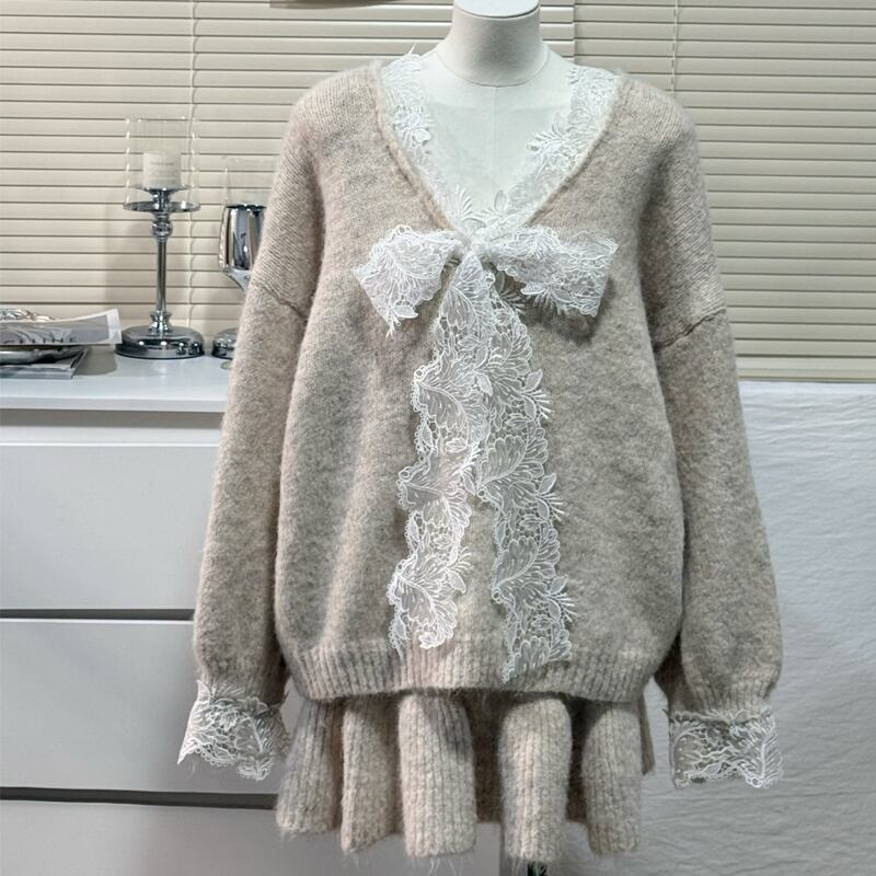 【set】レースドッキングニットトップス×ミニスカートセット Q7827