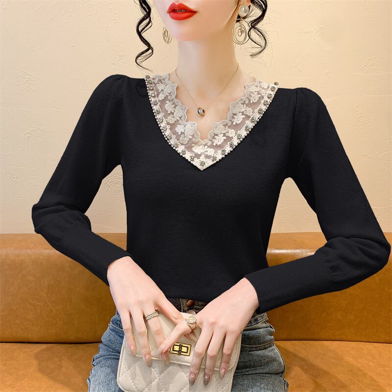 【tops】Vネックレース切り替えニットトップス　M28260