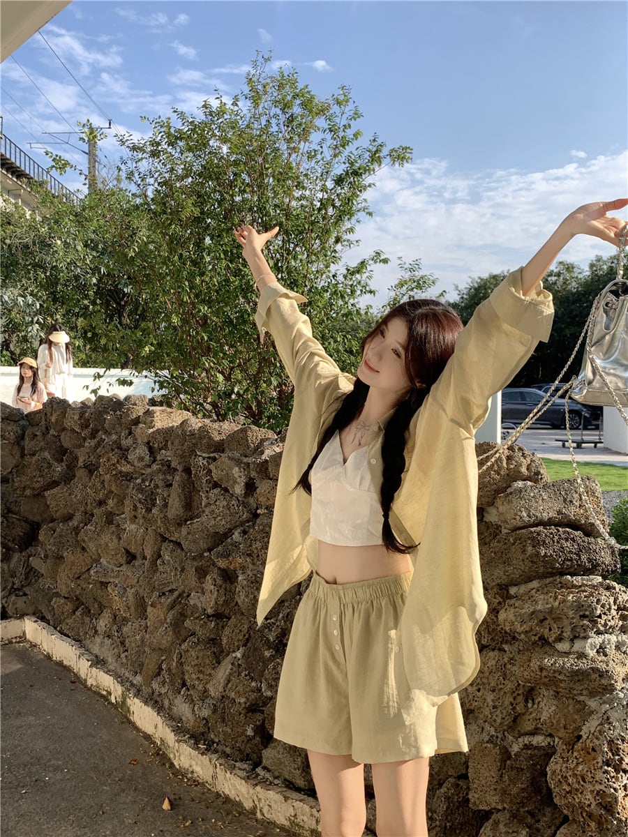 【set】薄手ブラウス+ハイウエストショートパンツ２点セットG21291