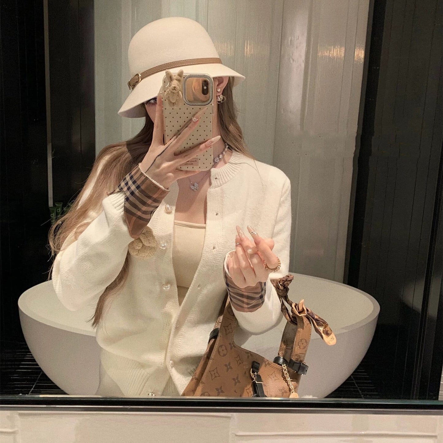 【set】チェック柄切り替えニットカーディガン×ワイドパンツセット　N3307