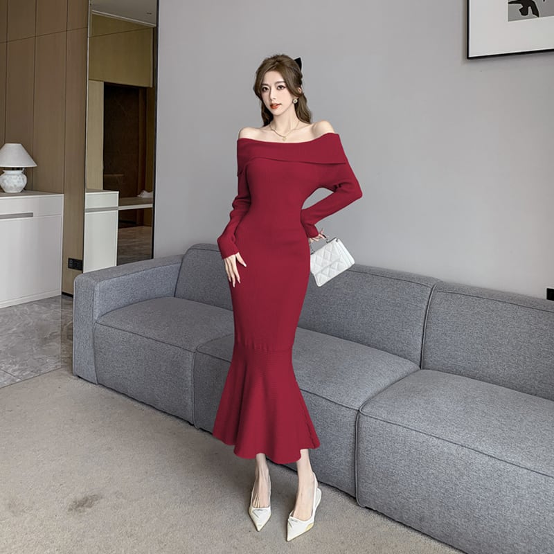 【dress】オフショルダーマーメイドニットワンピース Q7221