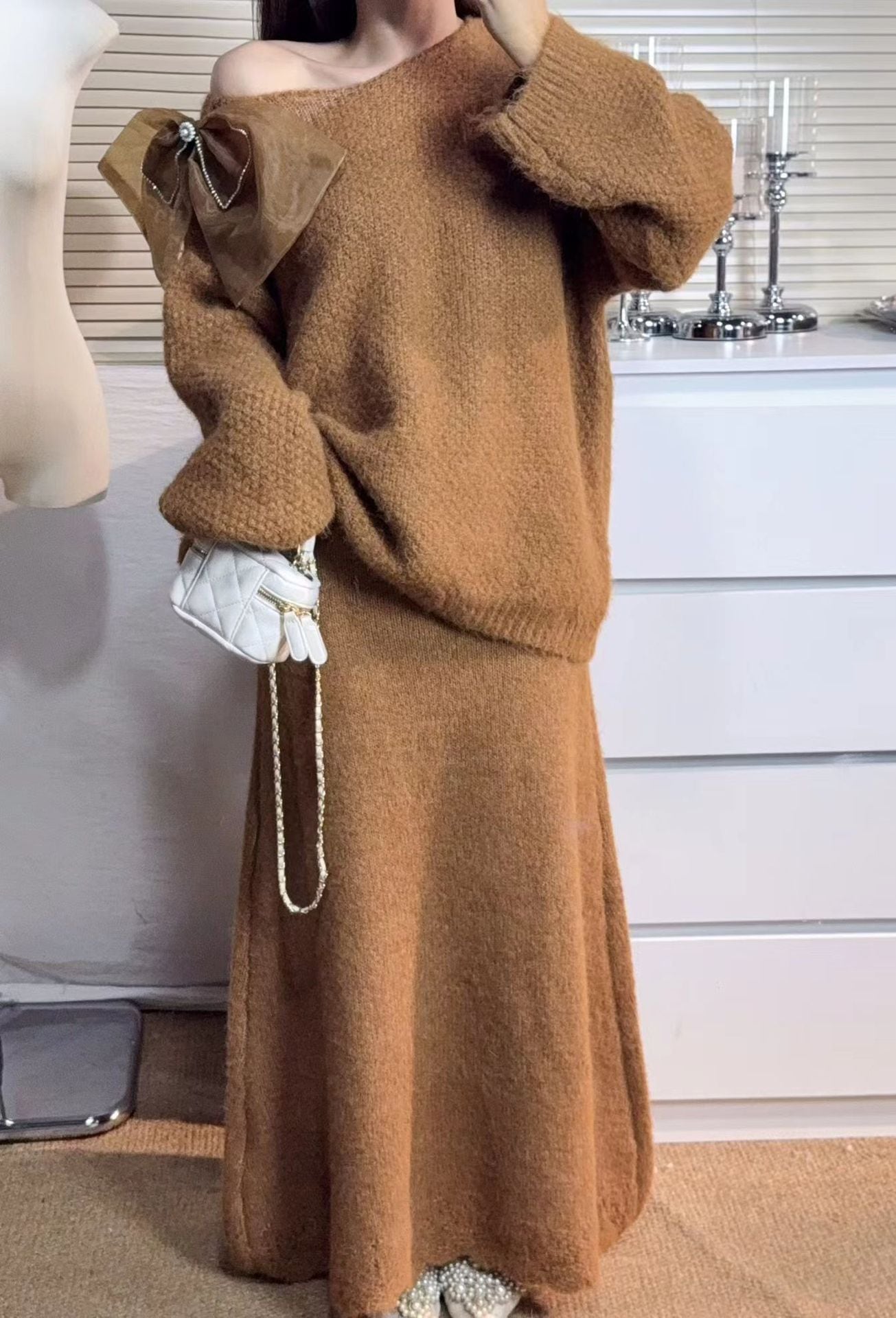 【set】リボン付きニットトップス×ロングスカートセット Q7290