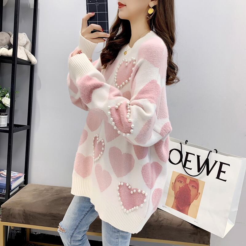 【tops】必ず目を引く2色ラウンドネック長袖ハート柄配色ゆったりビーズ飾りニットセーターF0682