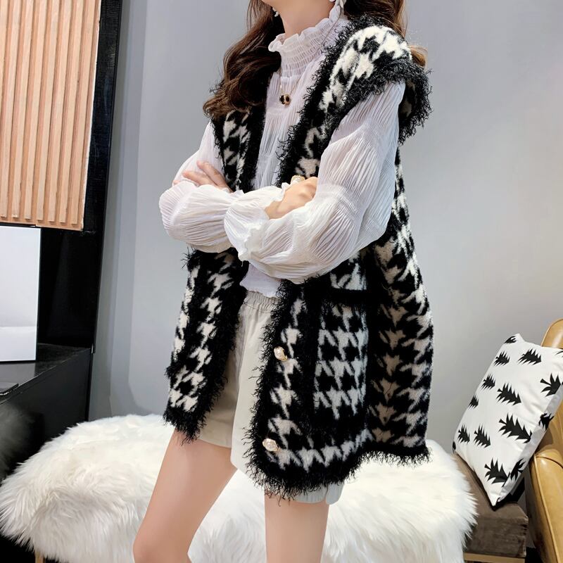 【tops】気質溢れる♪秋冬の新作千鳥格子ノースリーブINS風韓国着回しニットチョッキF0685