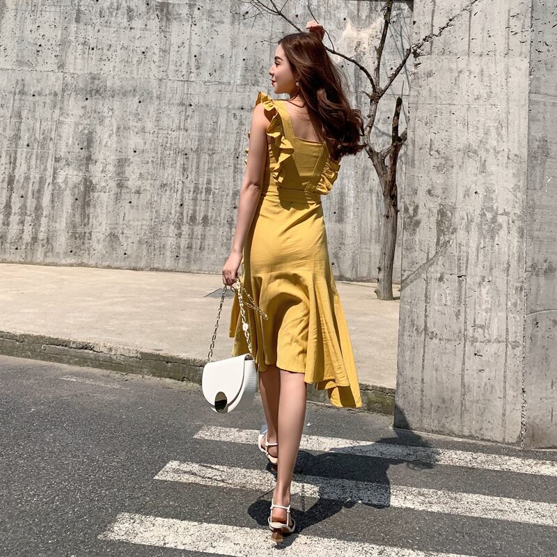 【dress】好感度UP!気質満点着痩せドローストリングフリルマーメイドワンピース