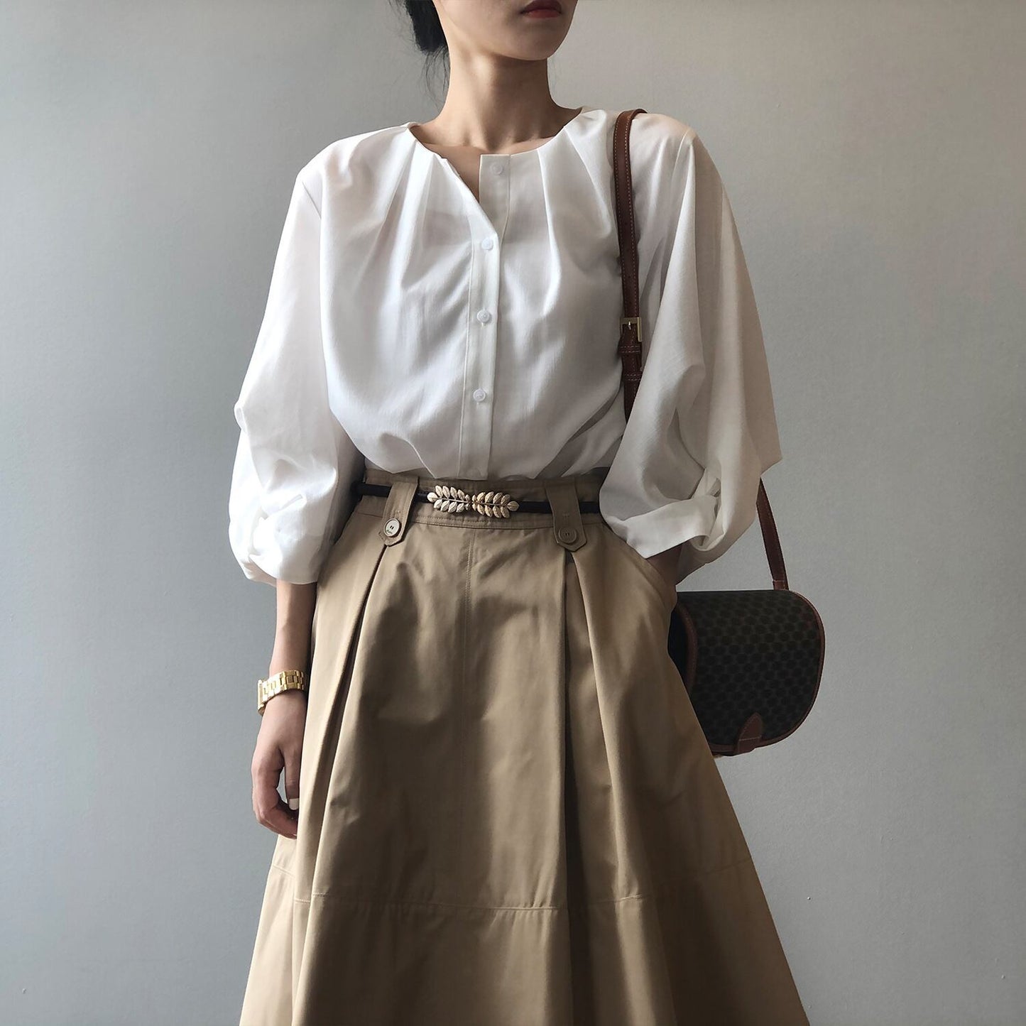 【tops】ランタンスリーブシャツブラウス　M29742