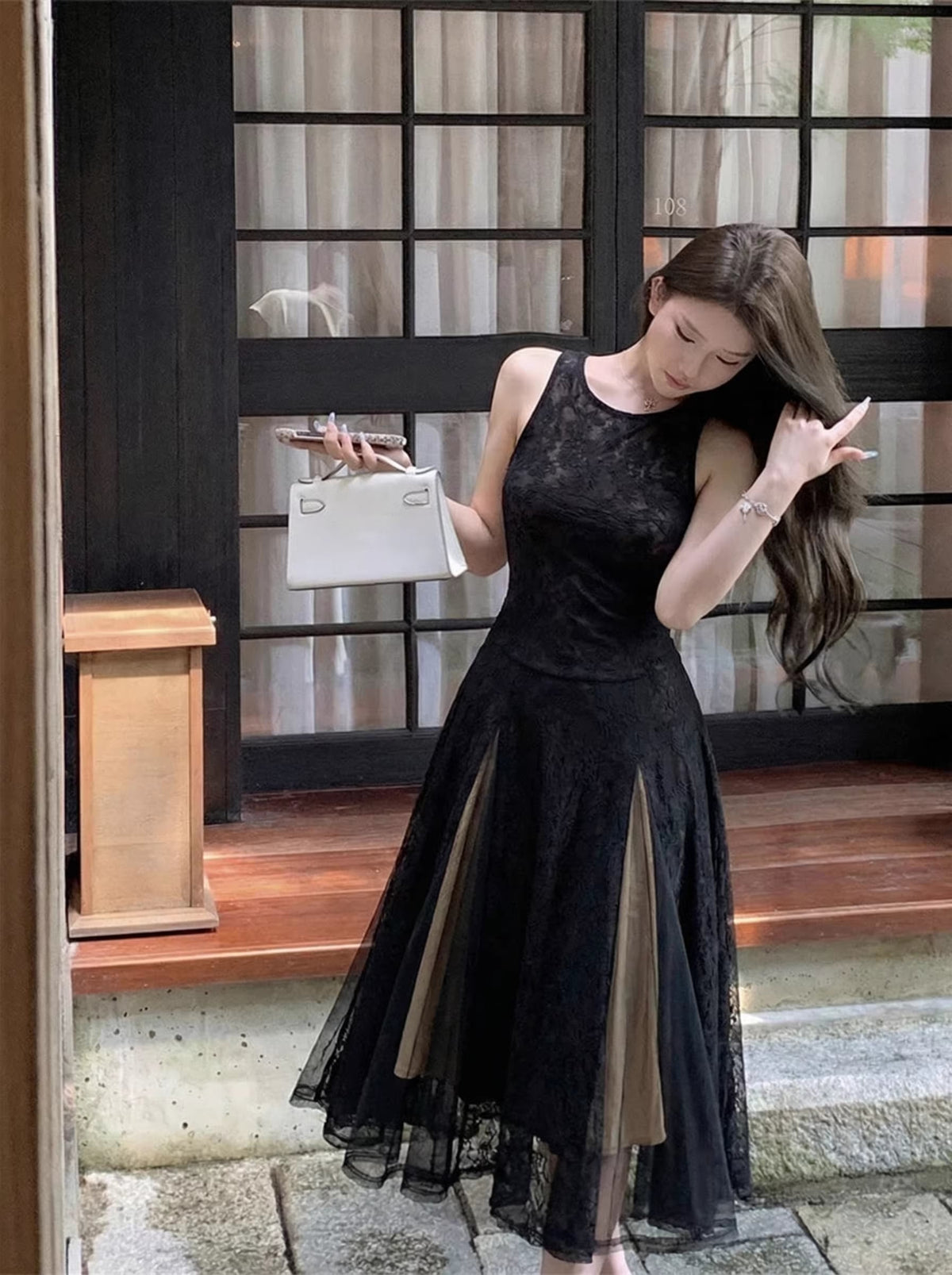 【dress】ノースリーブレースロングワンピース Q8273