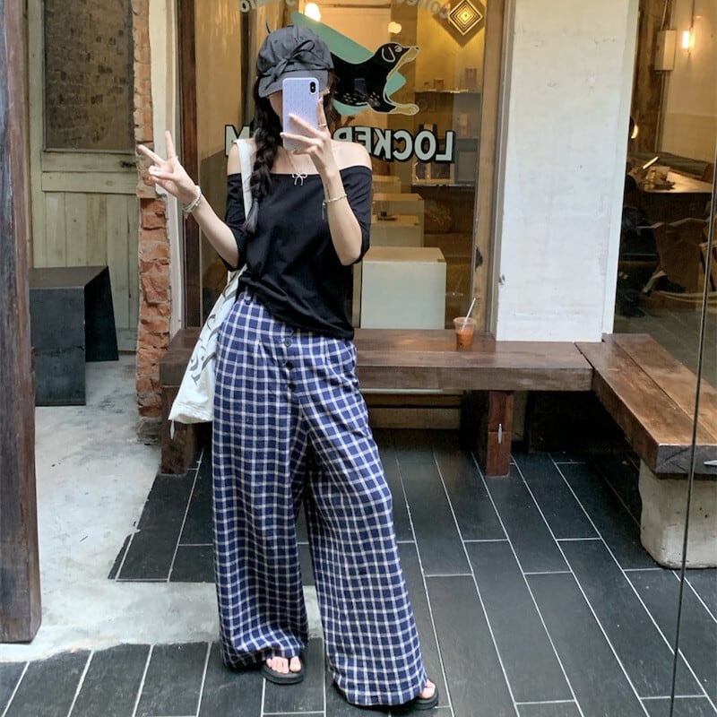 【set】Tシャツ×チェック柄パンツセット　M25040