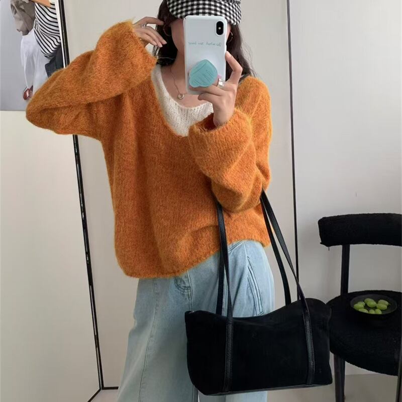 【tops】フェイクレイヤードニットトップス Q7072