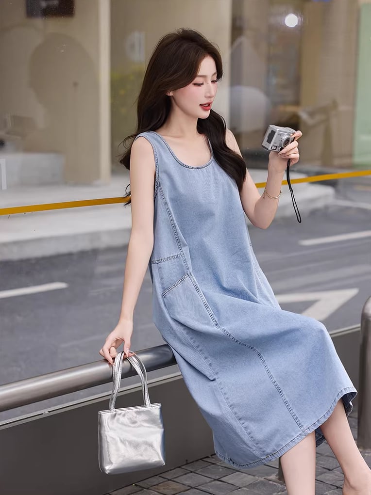 【dress】デニムロングベストワンピース Q8422