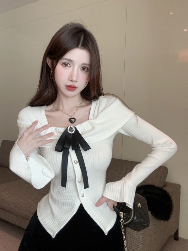 【tops】リボン付きニットトップス　M27285