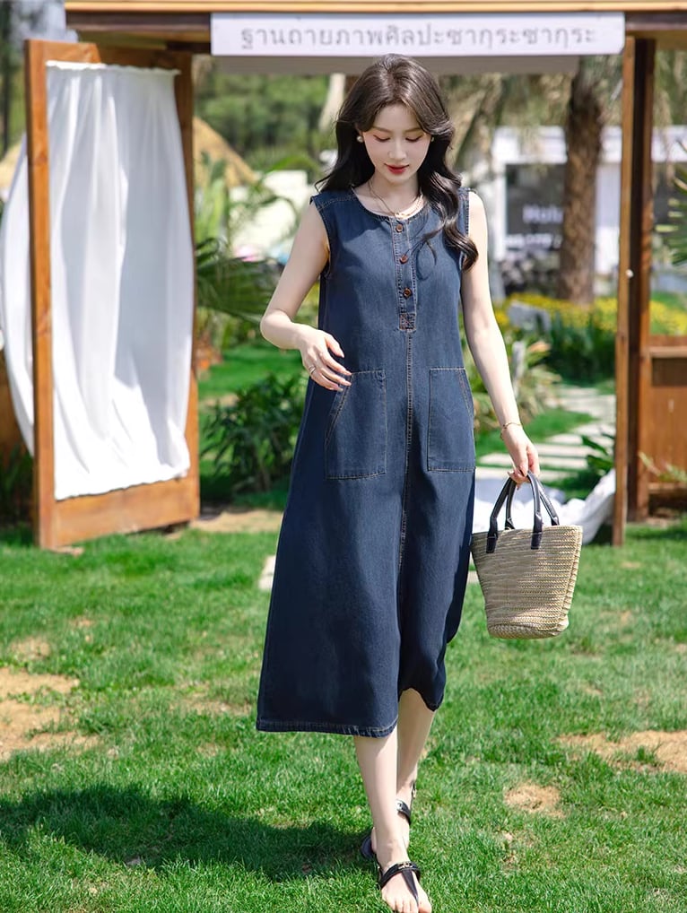 【dress】ポケット付きデニムベストワンピース Q8419