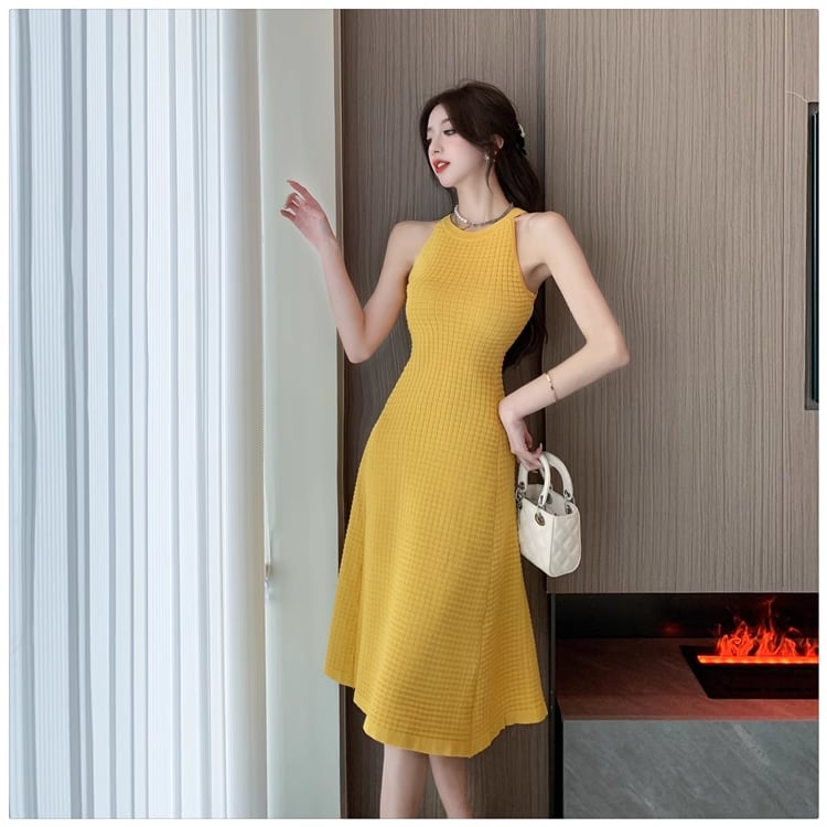 【dress】ホルターネックAラインニットワンピースF7458