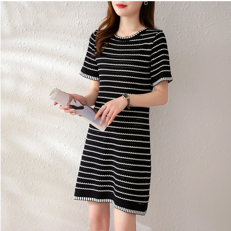 【dress】ストライプ柄ニットAラインワンピース G21126