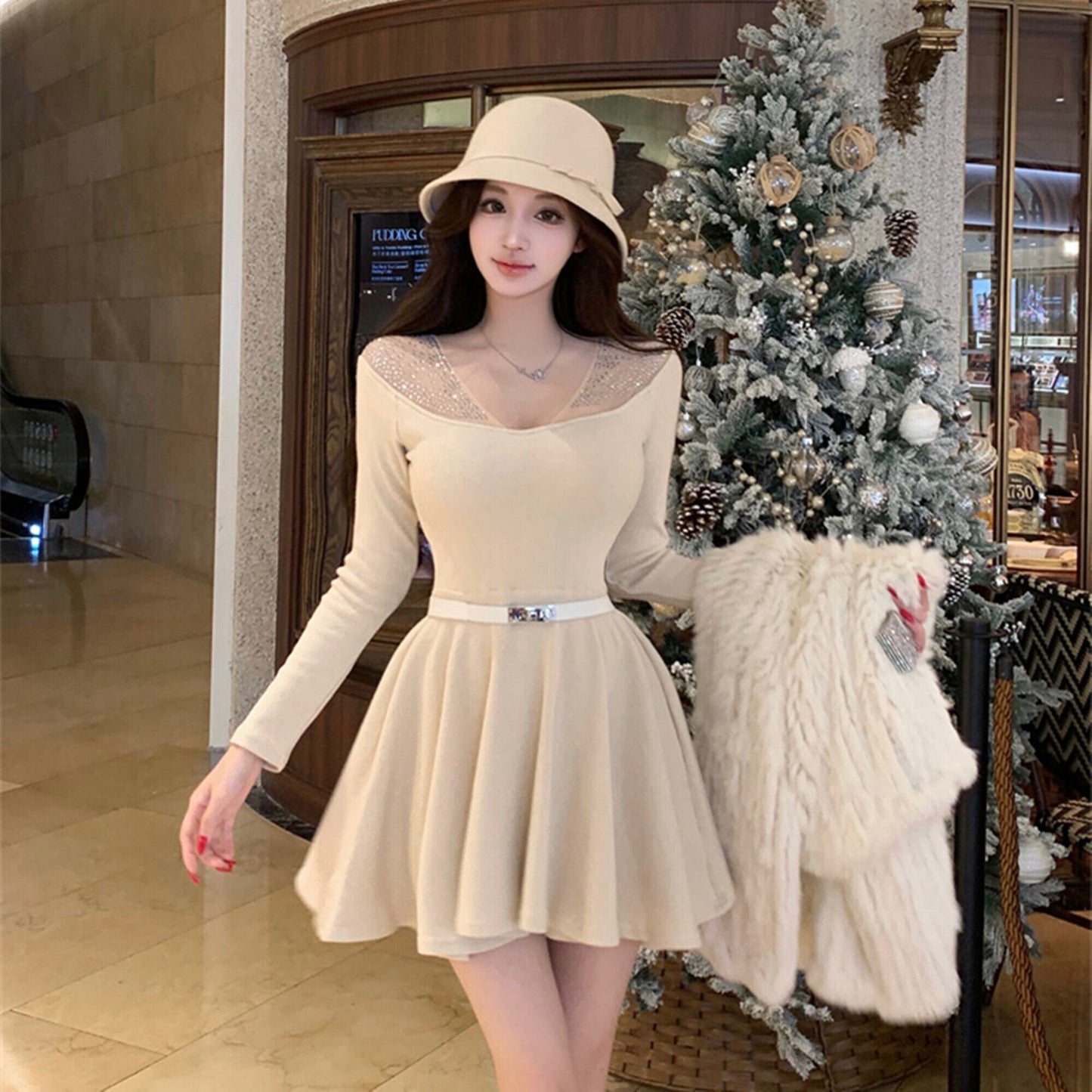 【dress】ラインストーンチュールニットミニワンピース　N3508