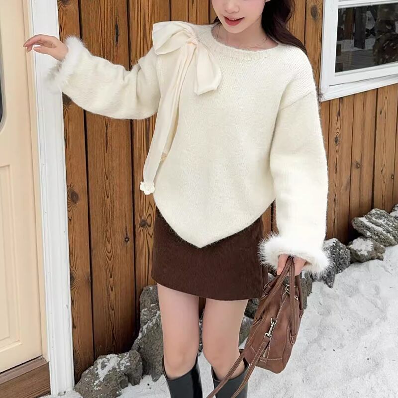 【tops】リボン付き袖ファーニットトップス Q7292