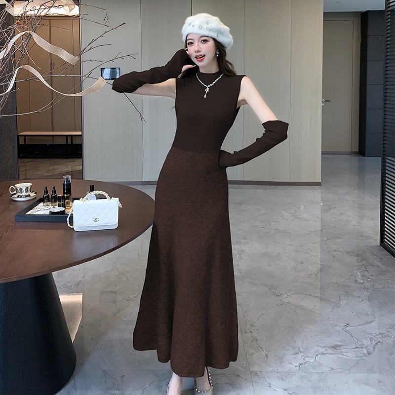 【dress】アームカバー付きドッキングニットワンピース　M28118