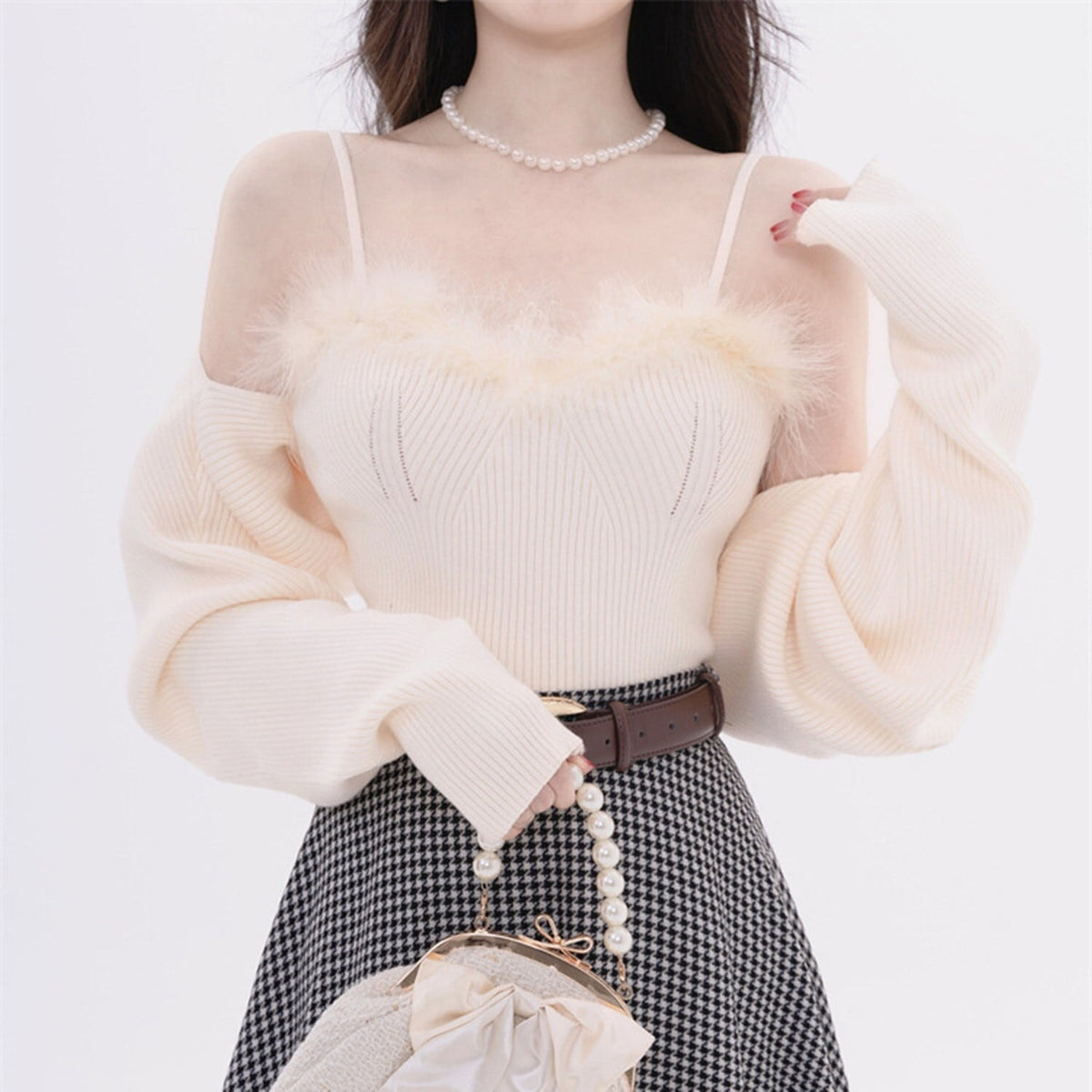 【tops】フェイクファーキャミソール×カーディガンセット　N2128