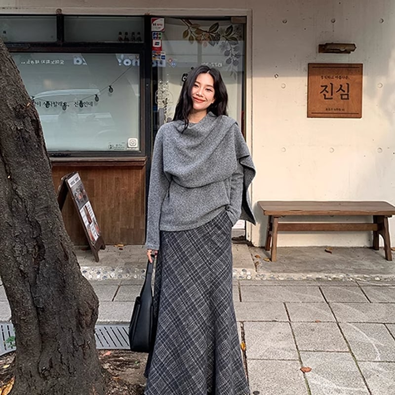 【tops】フェイクレイヤードニットトップス Q7395