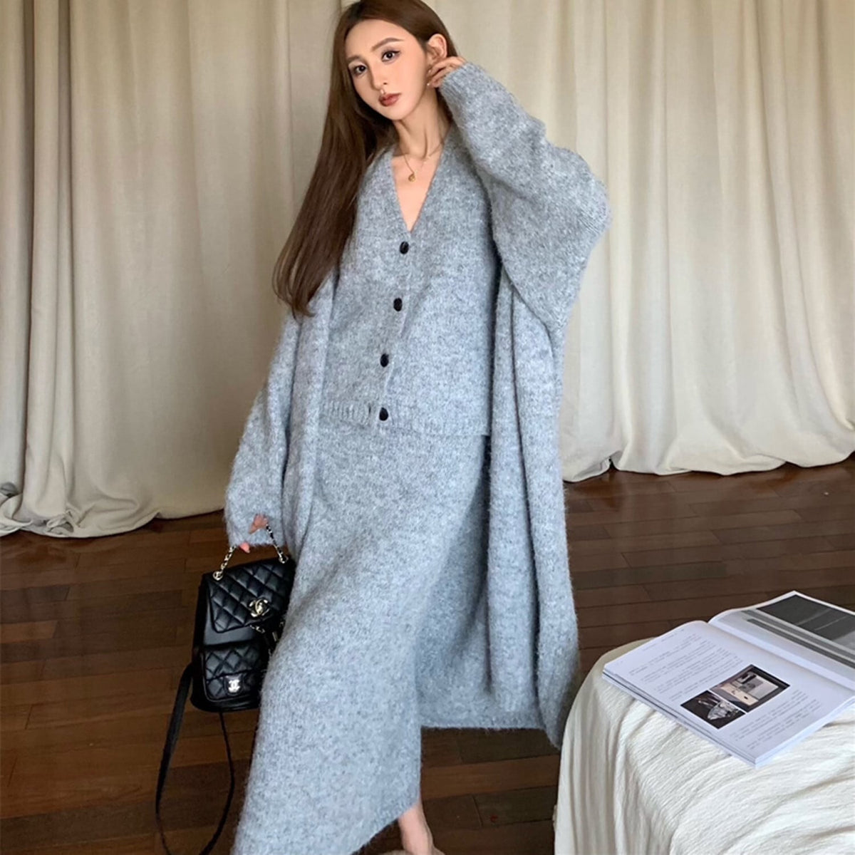 【set】ロング丈カーディガン×Vネックジレ×スカートニット3点セット　N2742