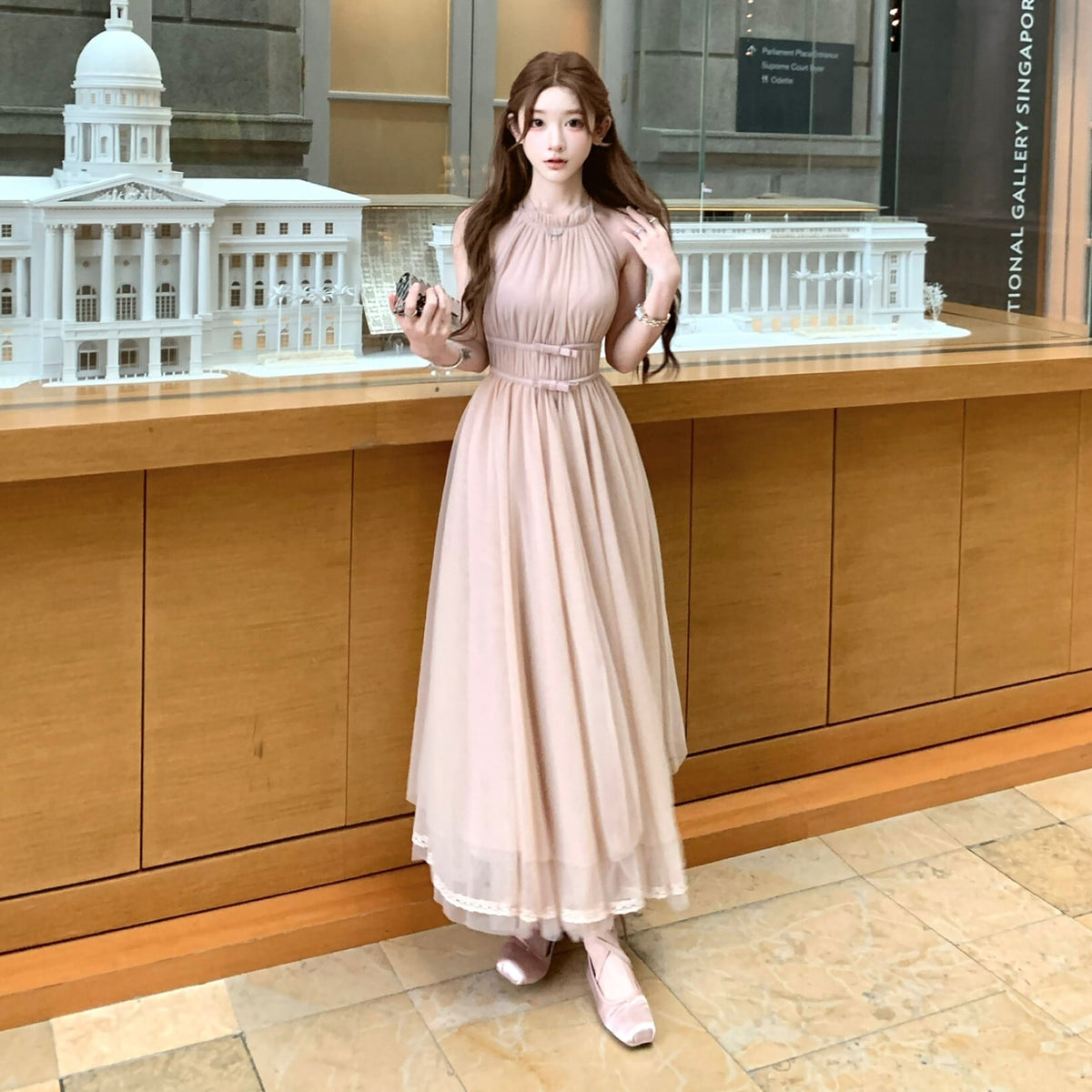 【dress】バックリボンチュールロングワンピース　N3217