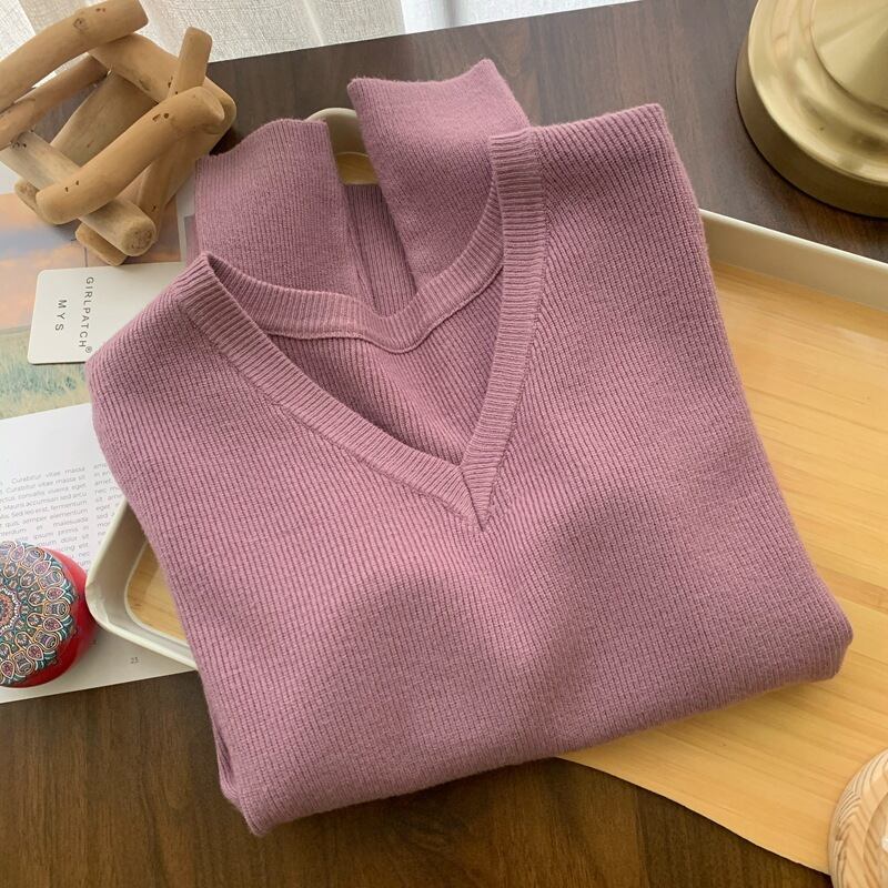 【tops】Vネックニット長袖Tシャツ　M29415