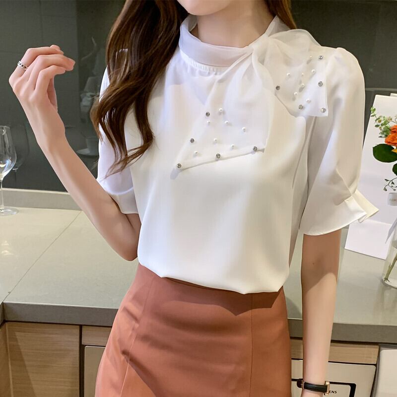 【tops】美人度アップ!スウィートリボンルーズシフォンパフスリーブフランス風シャツ G6683