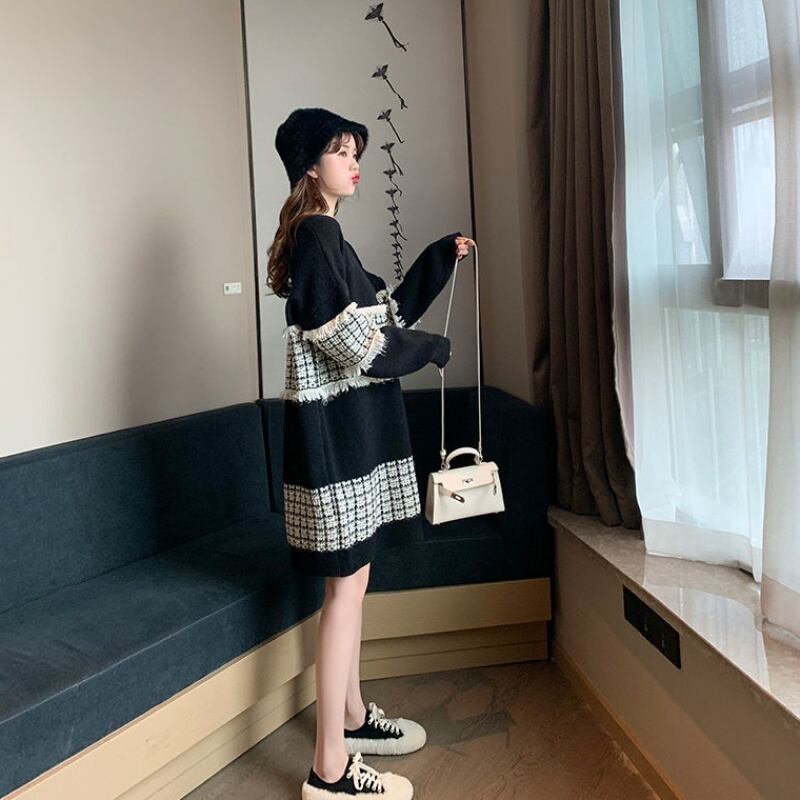 【dress】韓流スタイル!気質満点スウィートルーズゆったり切り替えニットワンピース G2656