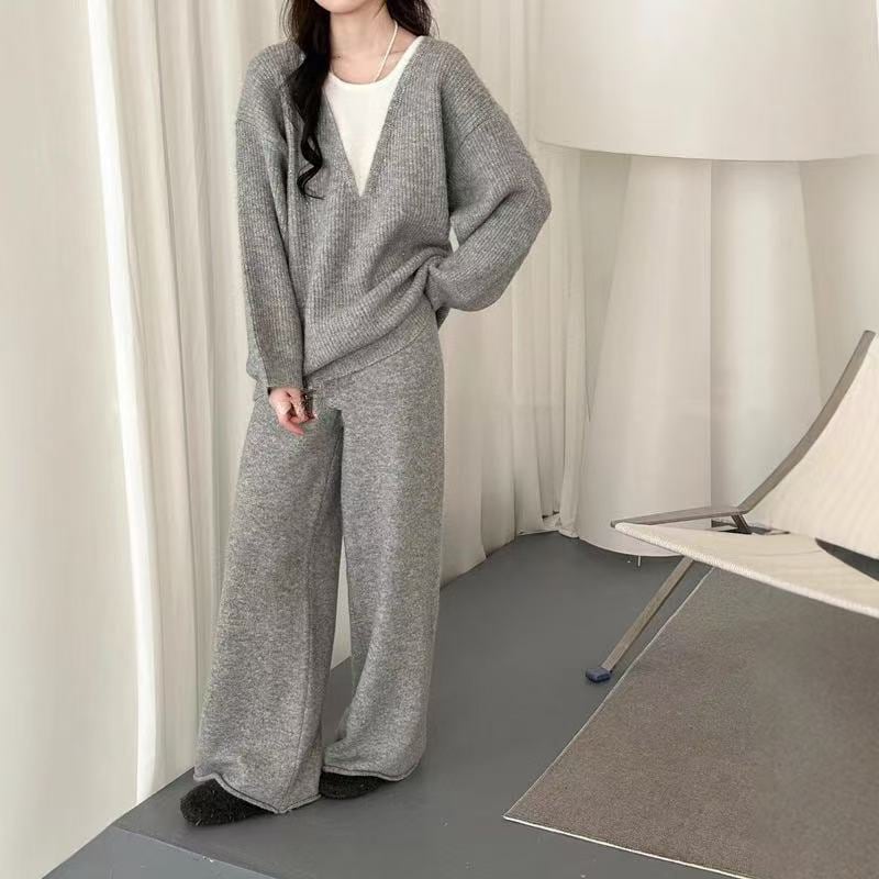 【set】フェイクレイヤードニットトップス×ワイドパンツセット Q7247