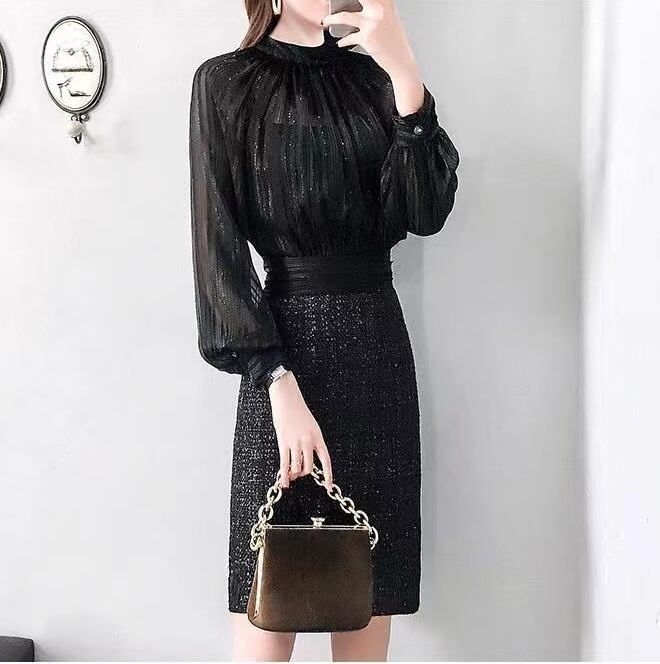 【dress】今季トレンド長袖切り替え韓国ファッションOL通勤無地パーティー卒業式タイトワンピースF1552