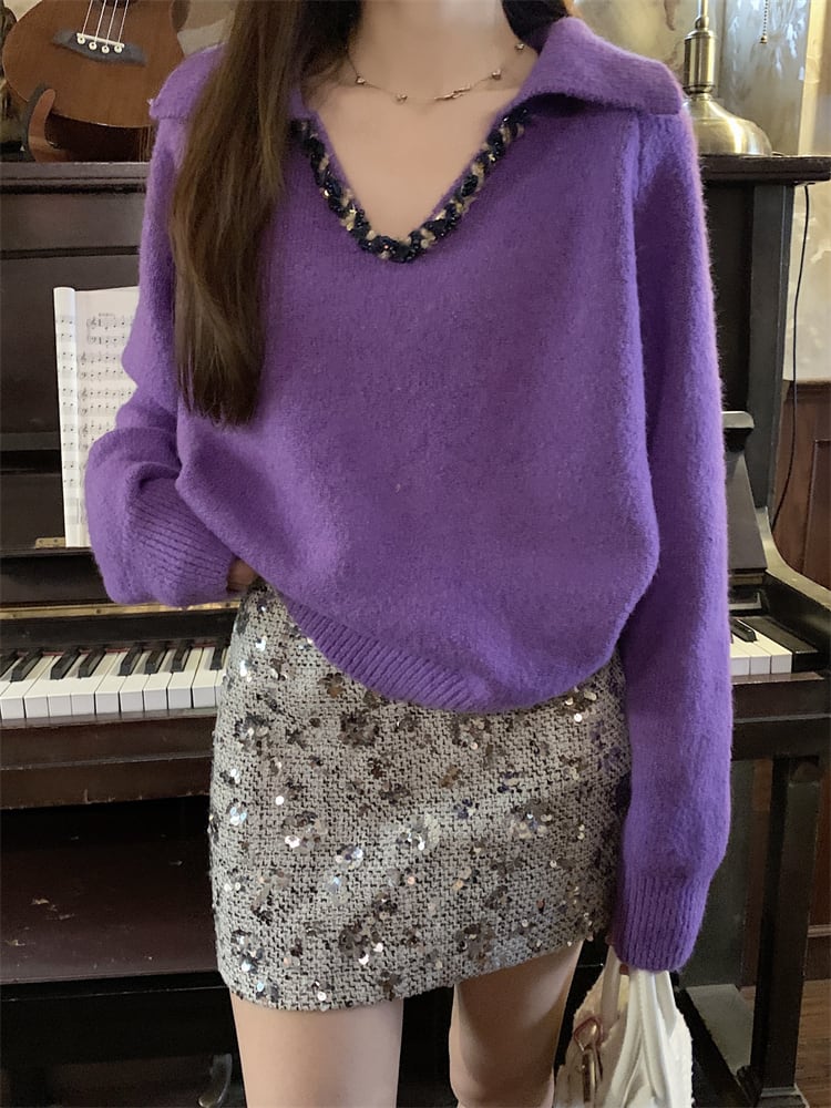【set】Ⅴネックニットトップス×スパンコールスカートセット　M28146