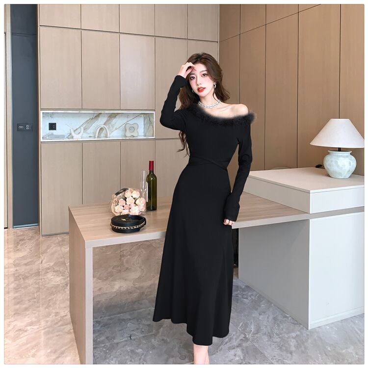 【dress】ファーネックニットワンピース　M18254