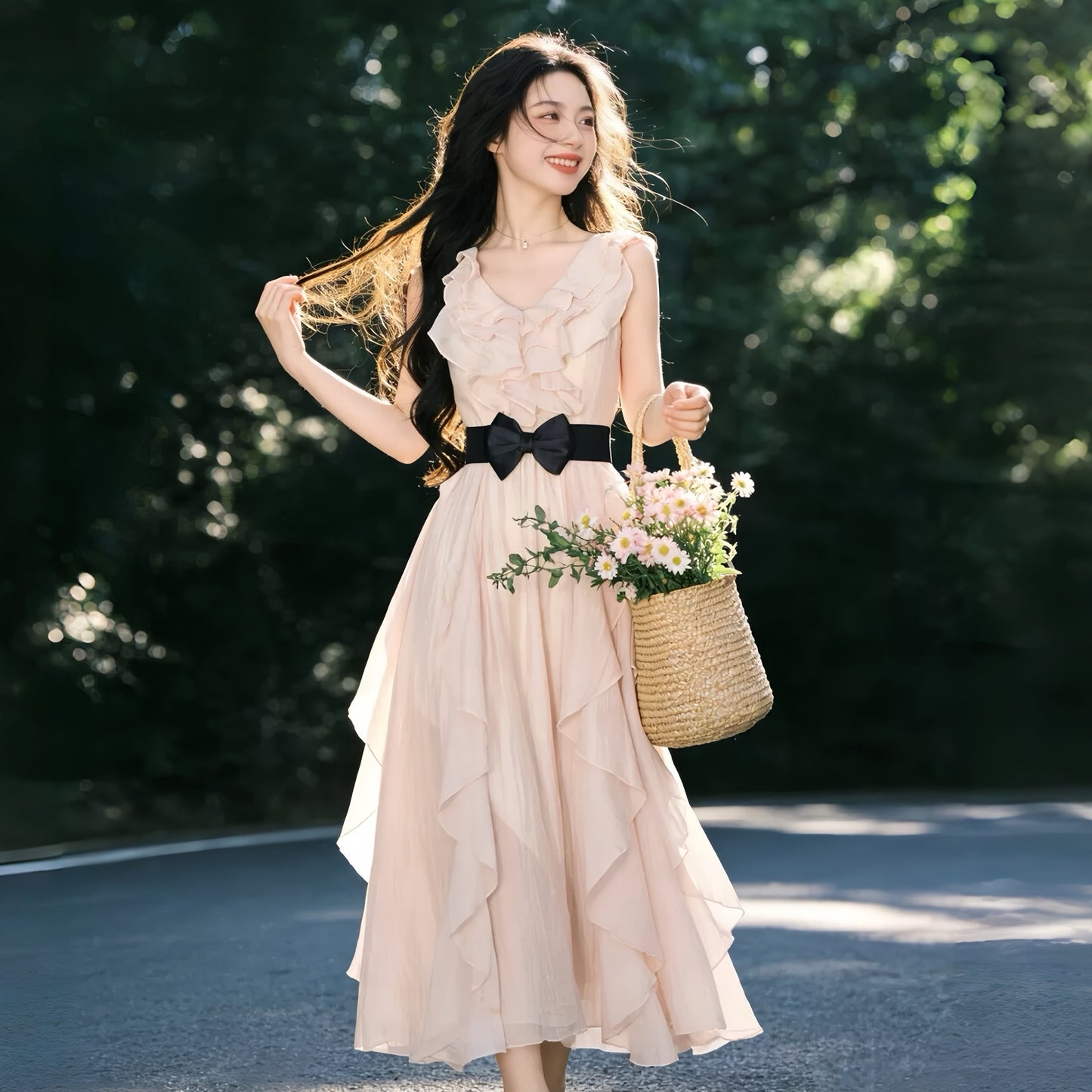 【dress】フリルリボンロングワンピース　N3537
