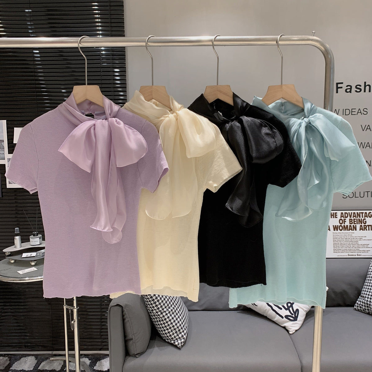 【tops】リボン付きニットTシャツ　M29886